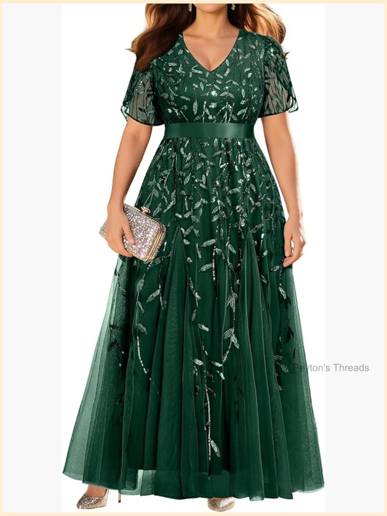 Sequin Embroidery V-Neck Prom Long Dress Plus Size Formal Evening Gown